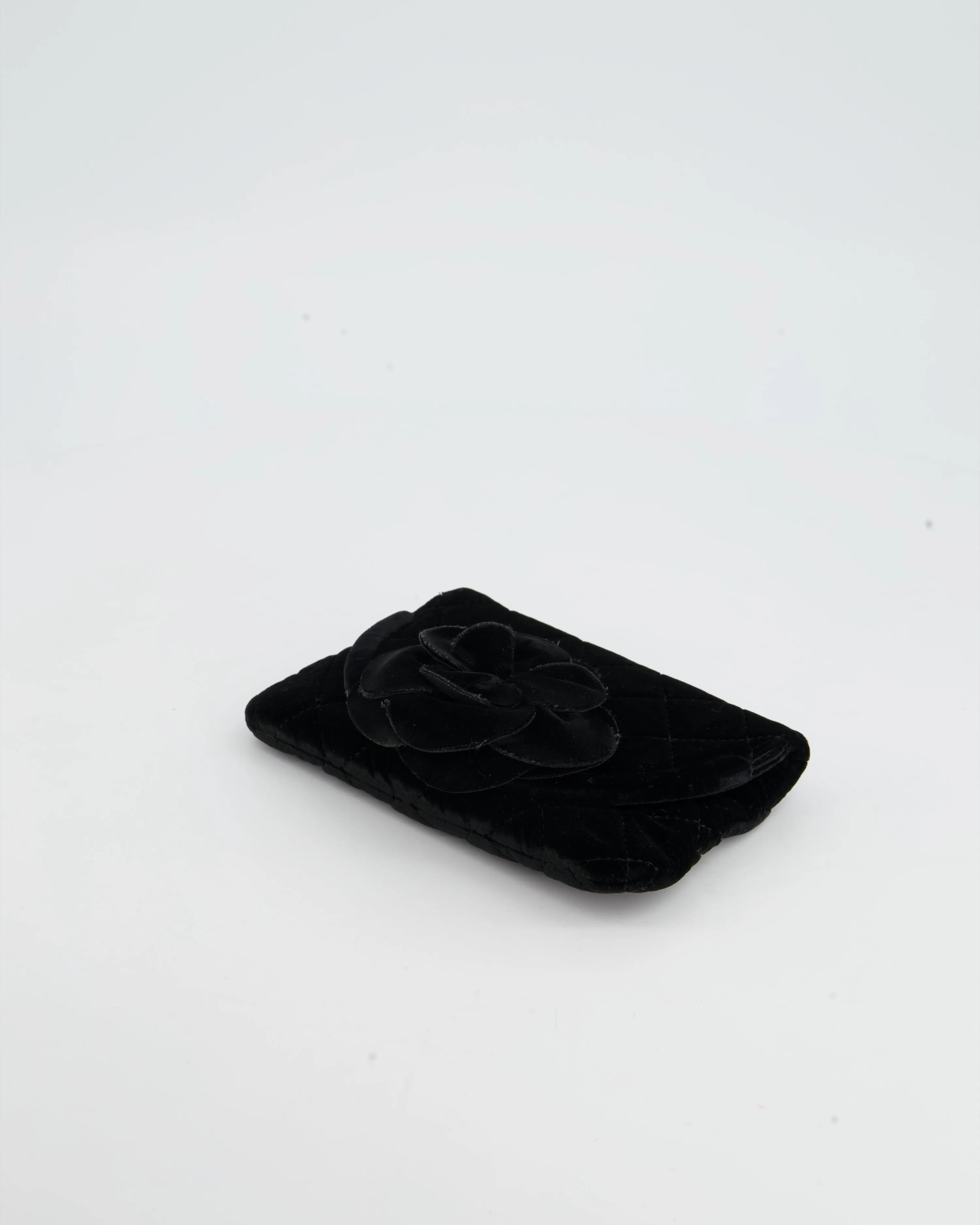 Chanel Black Velvet Diamond Clutch Bag with Camellia Detailing