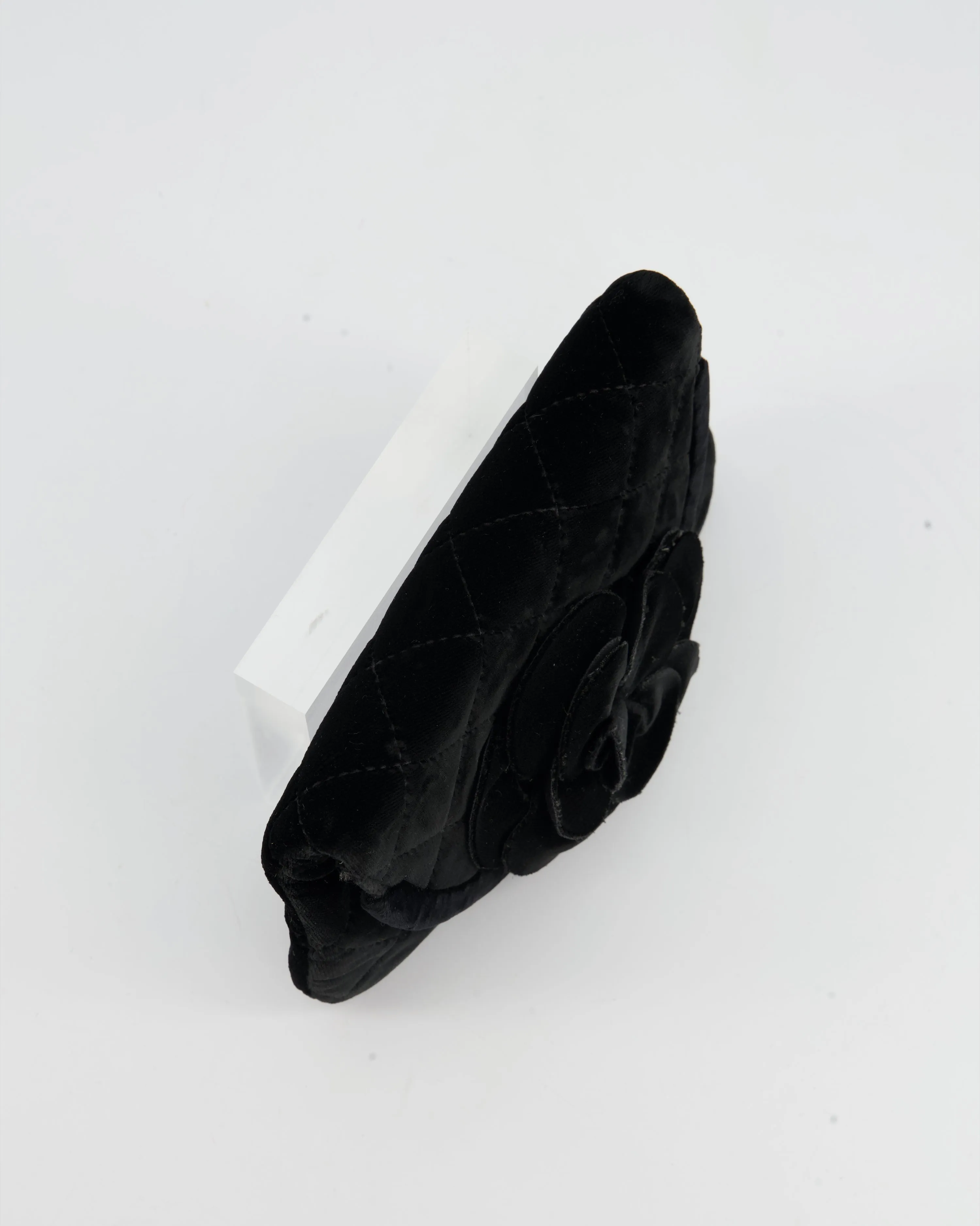 Chanel Black Velvet Diamond Clutch Bag with Camellia Detailing