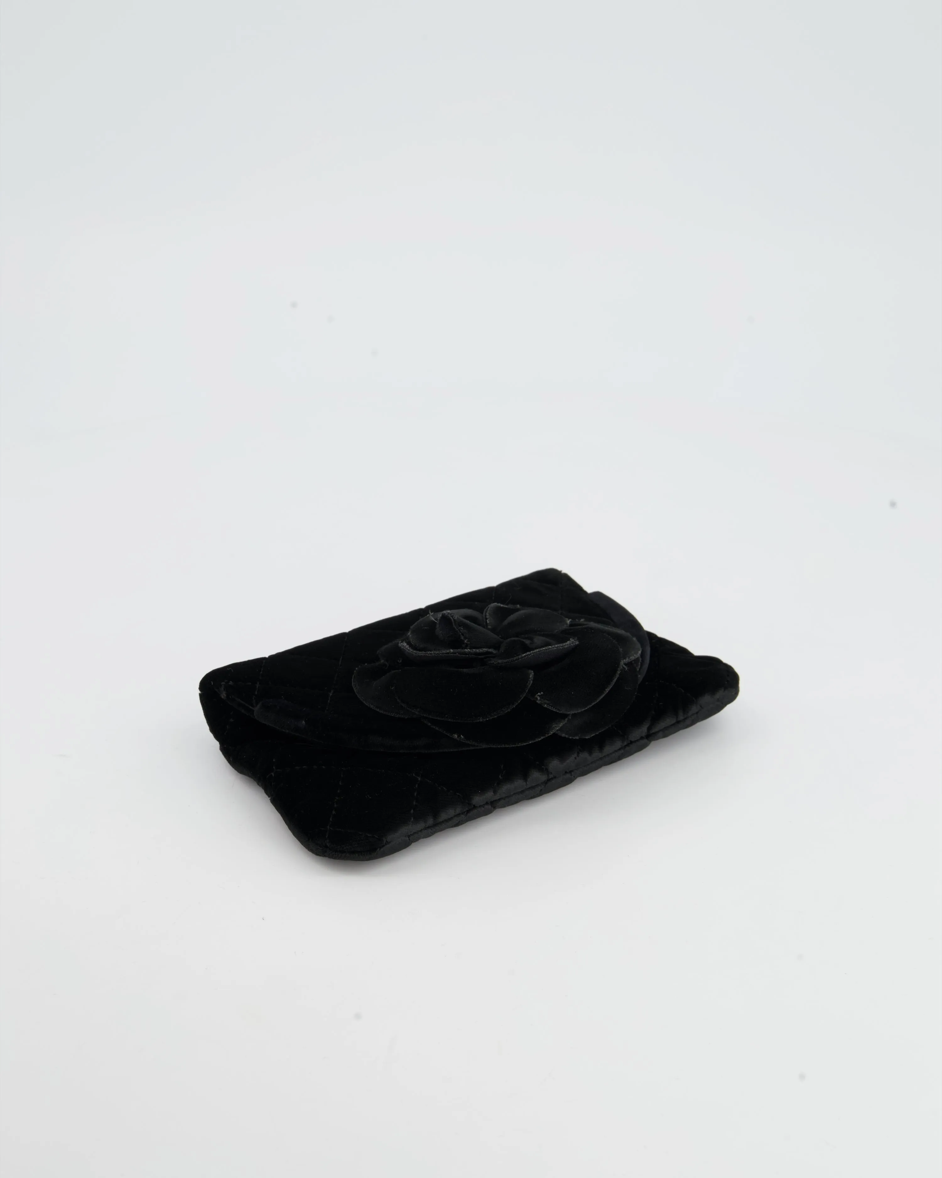 Chanel Black Velvet Diamond Clutch Bag with Camellia Detailing