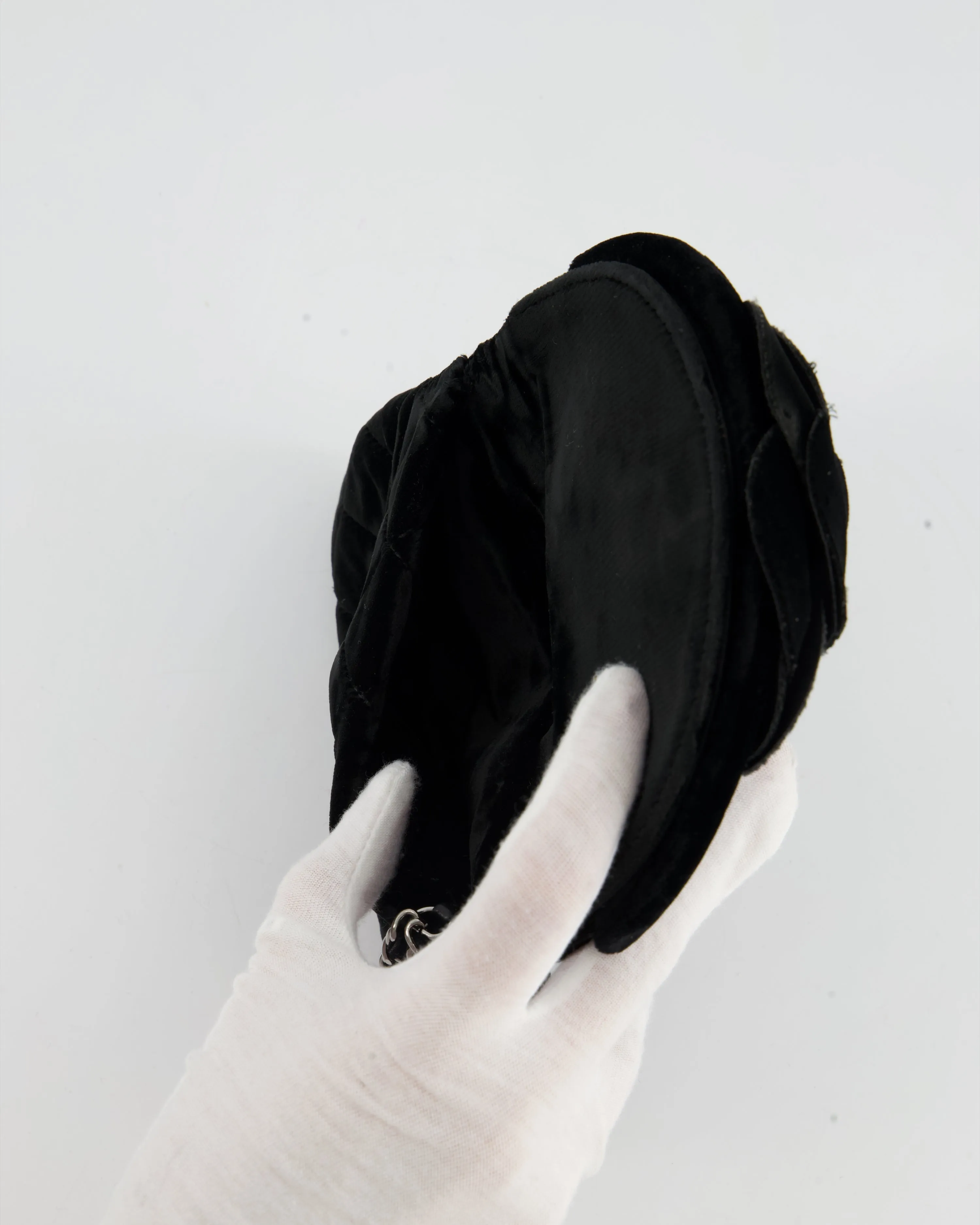 Chanel Black Velvet Diamond Clutch Bag with Camellia Detailing