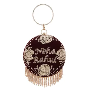 Customised Velvet Name Embroidery Round Bridal Clutch Bag