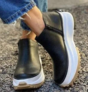 flowersverse Women's Ankle Boots Round Toe Side Zipper White Bottom Ladies Platform Shoes Solid Color Daily Walking Female Casual Shoes