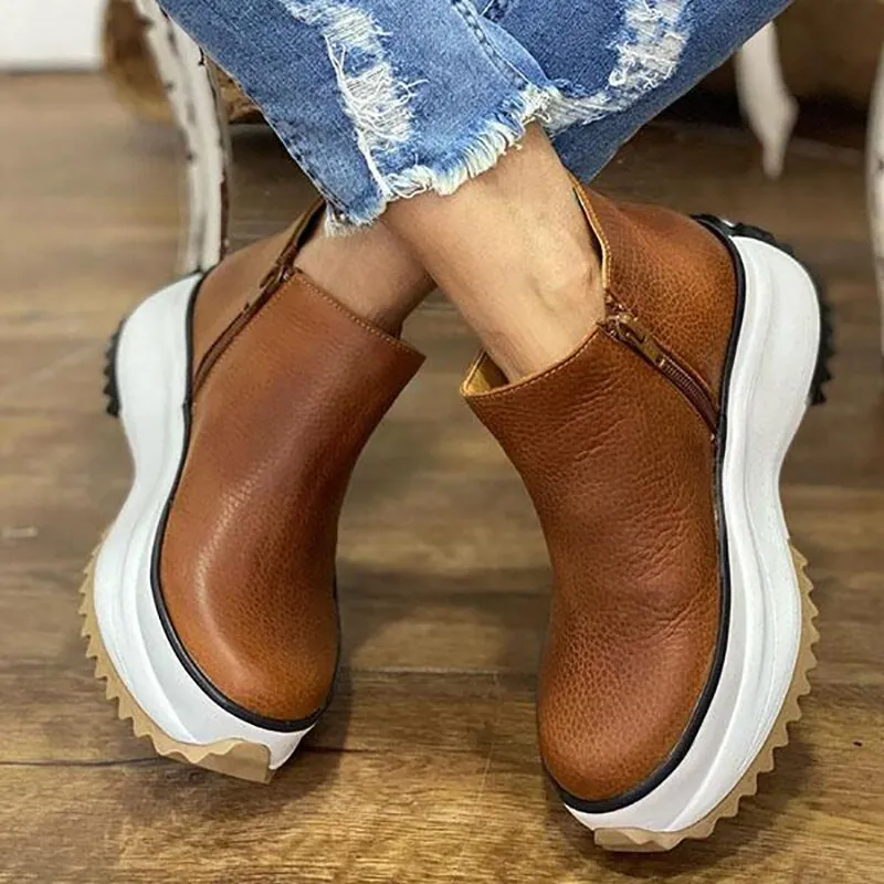 flowersverse Women's Ankle Boots Round Toe Side Zipper White Bottom Ladies Platform Shoes Solid Color Daily Walking Female Casual Shoes