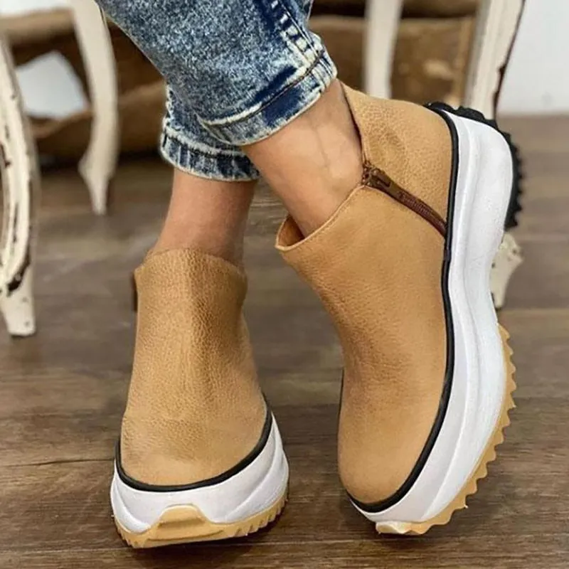 flowersverse Women's Ankle Boots Round Toe Side Zipper White Bottom Ladies Platform Shoes Solid Color Daily Walking Female Casual Shoes