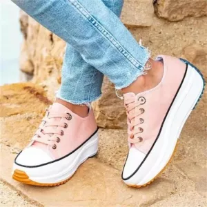 flowersverse Women's Solid Color Canvas Lace-up High-heeled Thick-soled Breathable Non-slip Comfortable Fashion Casual Sneakers