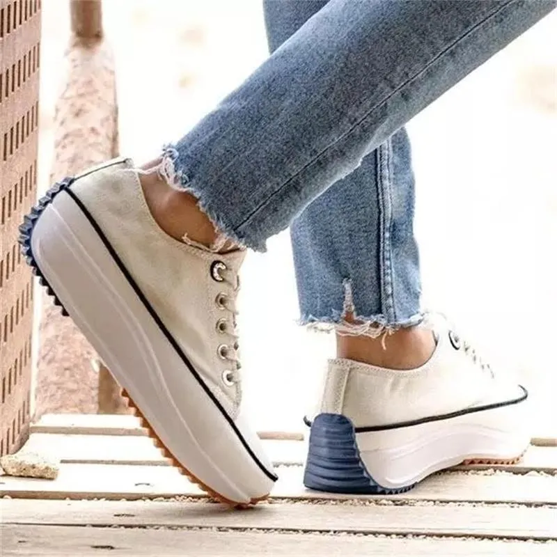 flowersverse Women's Solid Color Canvas Lace-up High-heeled Thick-soled Breathable Non-slip Comfortable Fashion Casual Sneakers