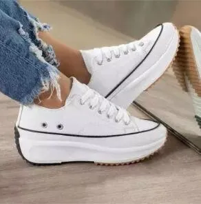 flowersverse Women's Solid Color Canvas Lace-up High-heeled Thick-soled Breathable Non-slip Comfortable Fashion Casual Sneakers