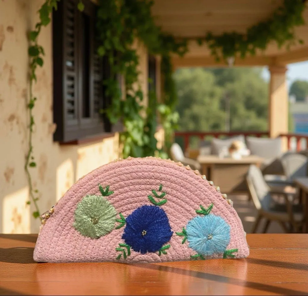 Pink Ethnic Embroidered Clutch - Handcrafted Traditional Design