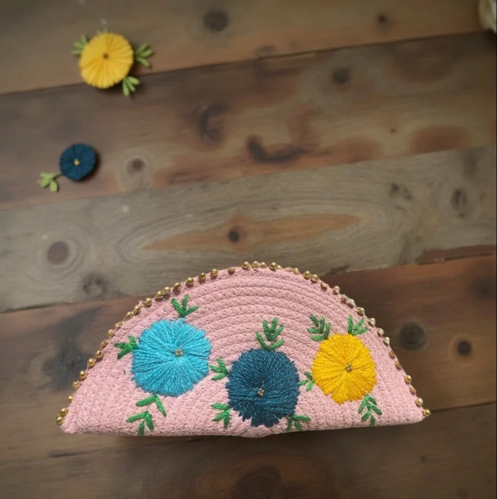 Pink Ethnic Embroidered Clutch - Handcrafted Traditional Design